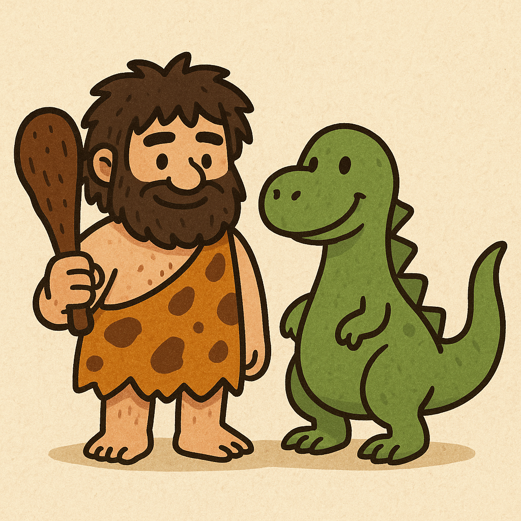 Caveman with a club and a dinosaur. Symbol of old technology.